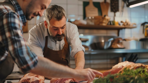 two butchers shop are carefully selecting best cuts meat their customers 36682 155582